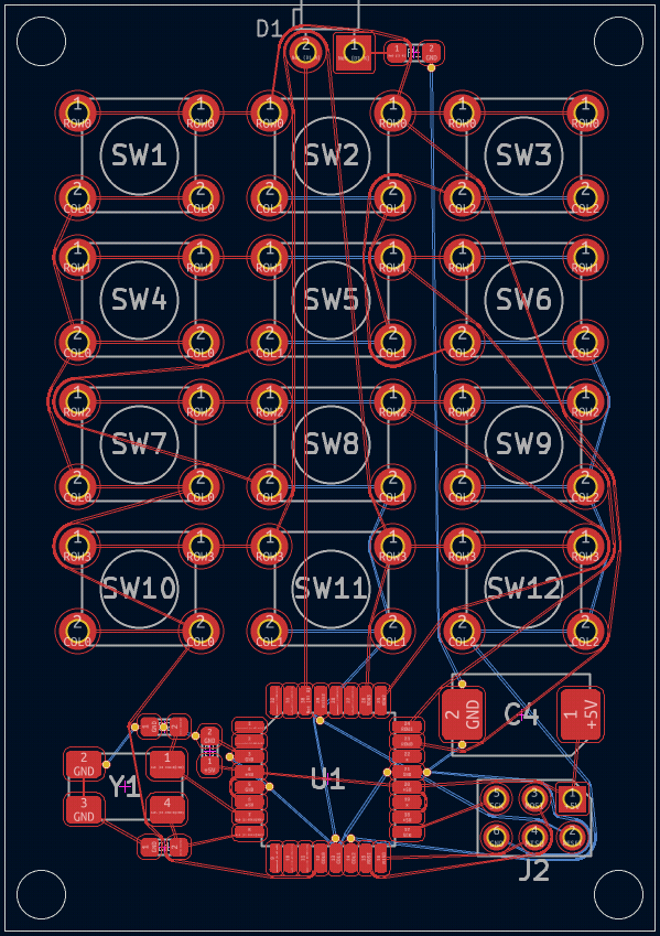 3x4 tactswitch IR remote board in KiCad Screenshot of a PCB layout of an IR remote with a 3x4 tactswitch keyboard,displayed in KiCad.