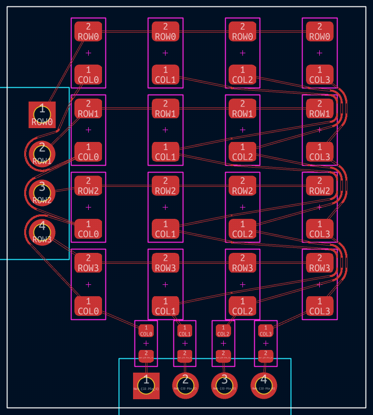 4x4 1206 LED matrix breakout board in KiCad Screenshot of a PCB layout of a 4x4 1206 LED matrix breakout board, displayedin KiCad