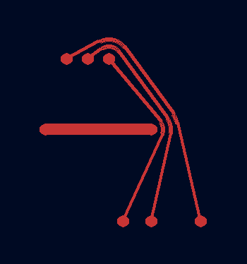 Stacking bends Three red-colored traces pass around a barrier. Trace bends are not aligned to a grid unlike most PCB layouts these days (this is called "topological routing"). The traces and the barrier are all solid red. The background is black but also veryslightly white and blue.