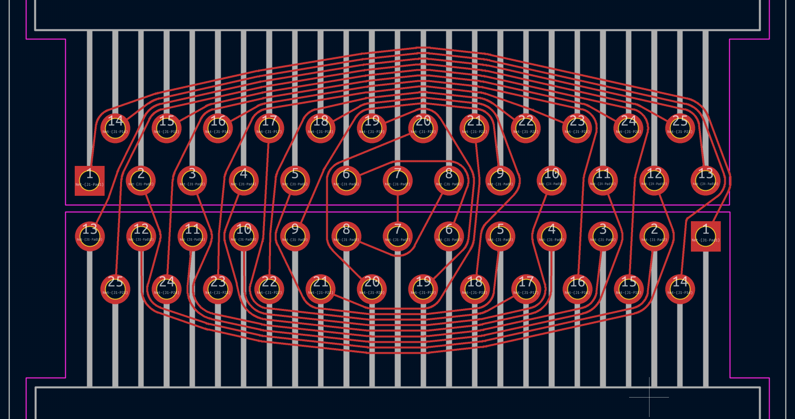 THT DB-25 to THT DB-25 gender changer adapter PCB layout in KiCad Screenshot of a PCB layout of a THT DB-25 to THT DB-25 gender changer adapterboard, displayed in KiCad