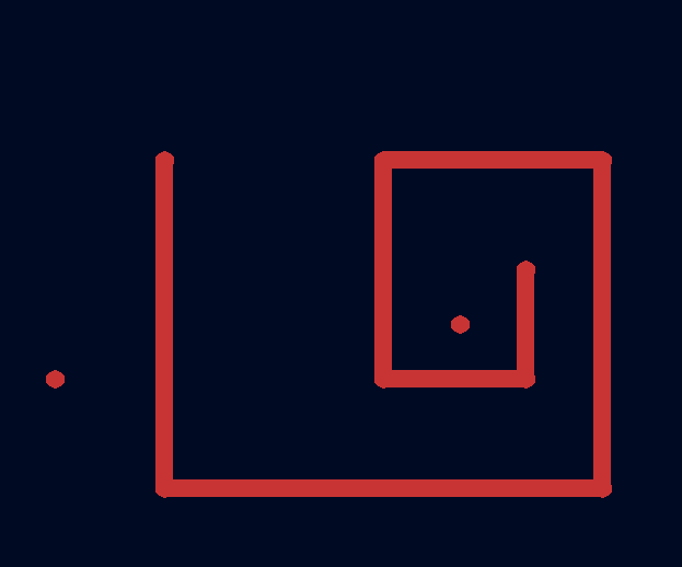 Animation. There's a rubber band-like trace following cursor,
navigating a very simple maze. The maze and the trace are red, the
background is solid black but also very slightly white and dark
blue.